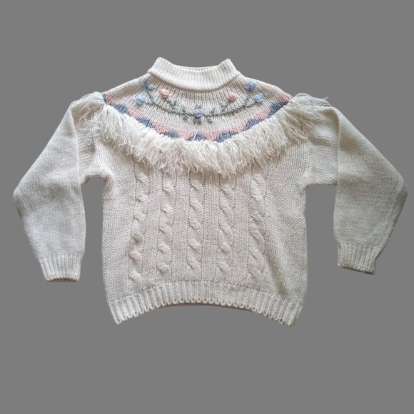 American Vintage Sweaters - American Weekend Knit Fringe Floral Sweater White Size Medium